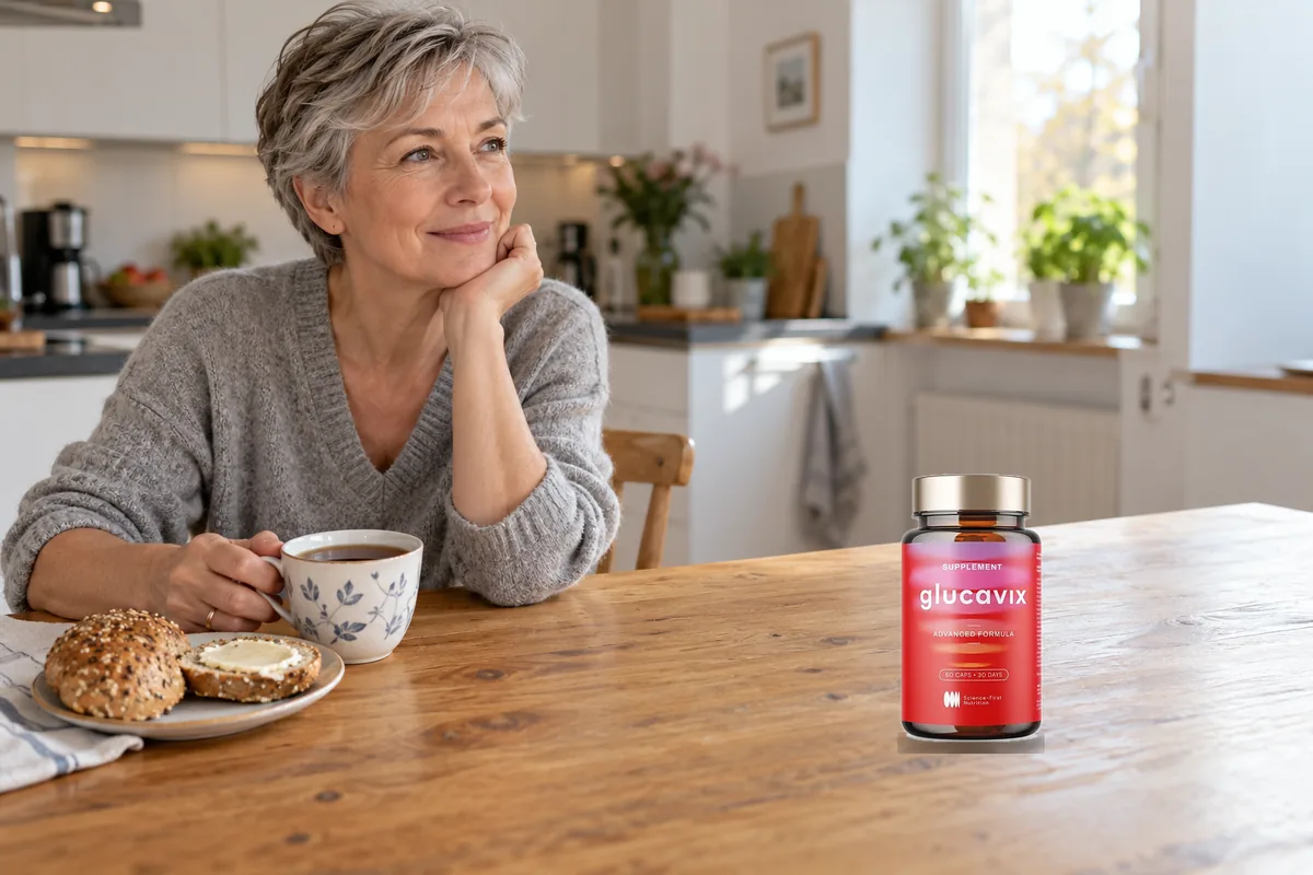 Frau hält eine Dose Glucavix beim Frühstück